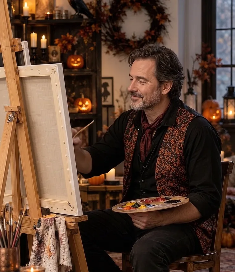 Malarz Portino w pracowni w klimacie Halloween, przy sztaludze, wśród dyń i świec
