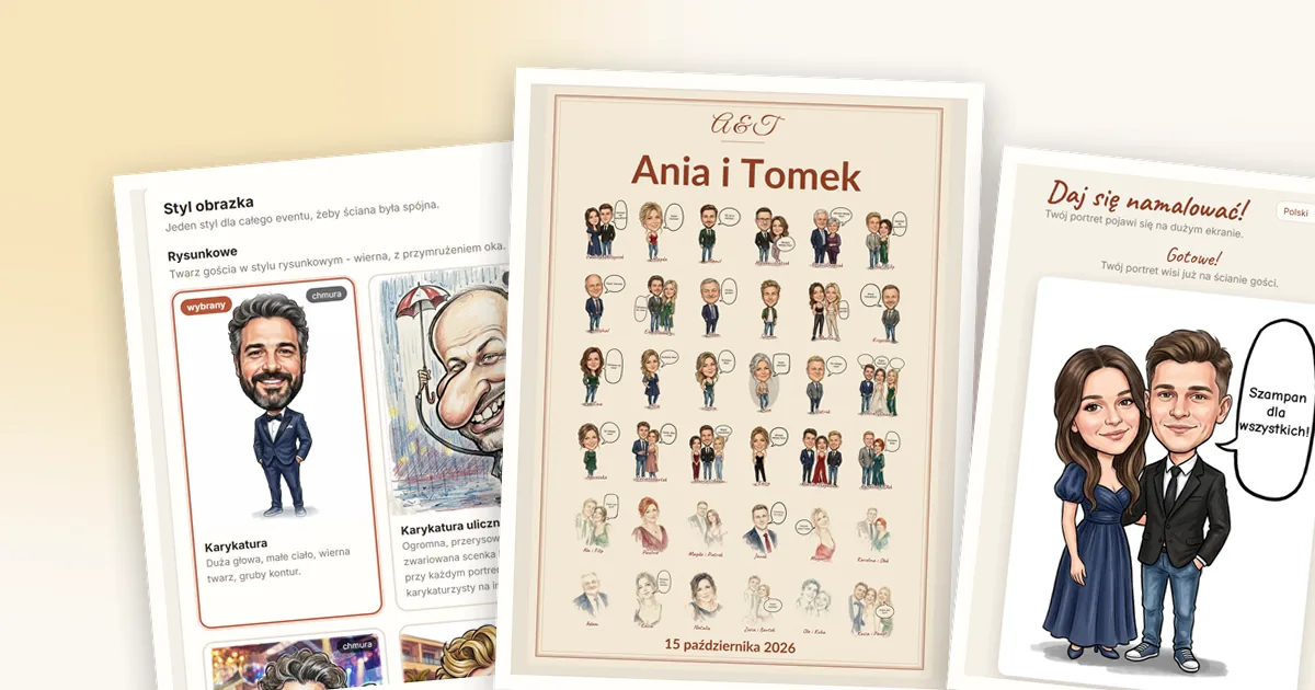 Zrzuty programu Portino: wybór stylu, plakat gości i telefon gościa